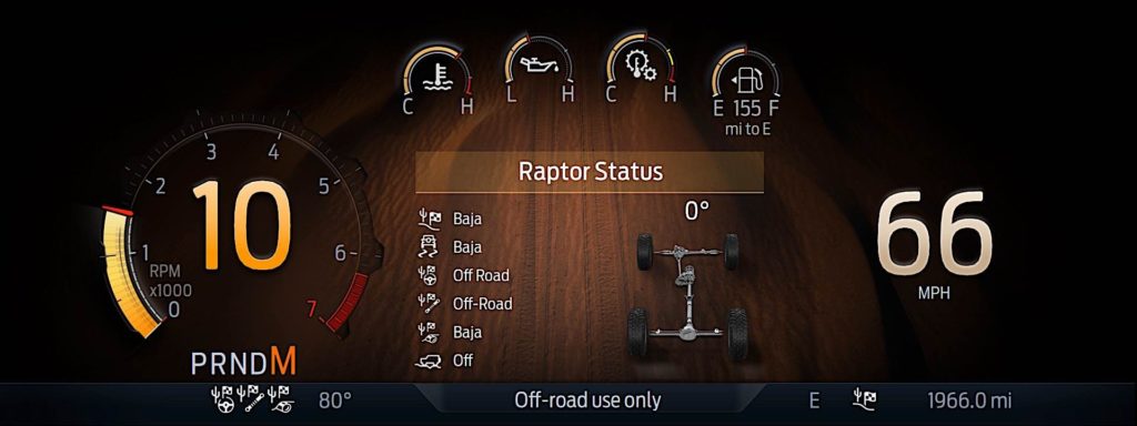 The digital dash and electronic displays of the new Bronco Raptor.