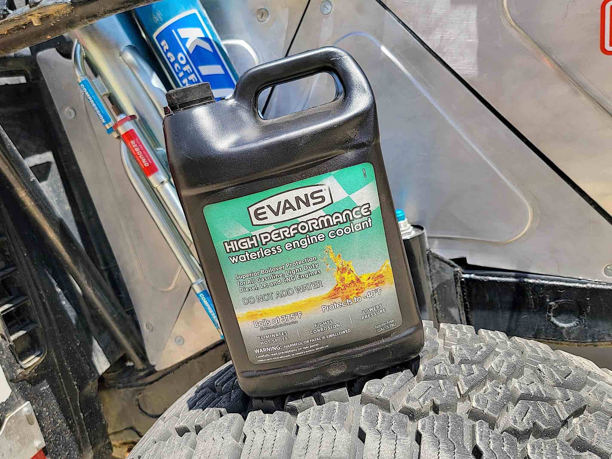 A jug of Evans High Performance Waterless Engine Coolant