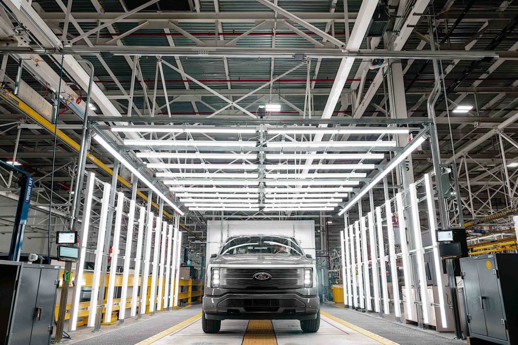 Ford F-150 Lightning in a warehouse.