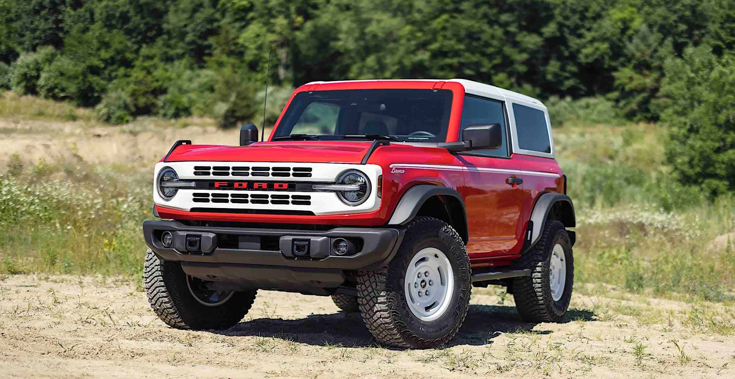A 2023 Red Ford Bronco in the wilderness.