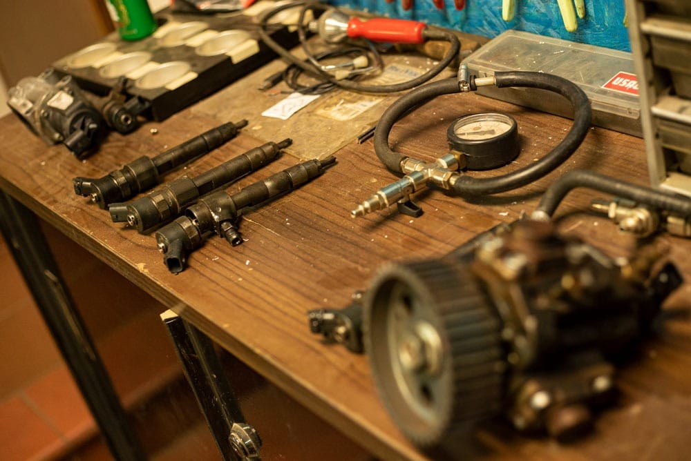 engine parts on a table.